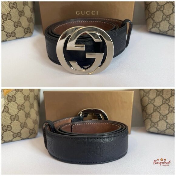 Auth Gucci Black Guccissima Leather Silver Interlocking G Buckle Belt 85/34 - Picture 3 of 13